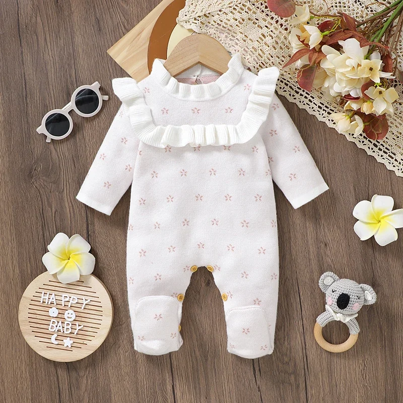 Newborn Baby Romper Knitted Infant Girls Jumpsuit 0-18M Long Sleeve Autumn Toddler Kid Clothes Fashion Ruffles Overalls