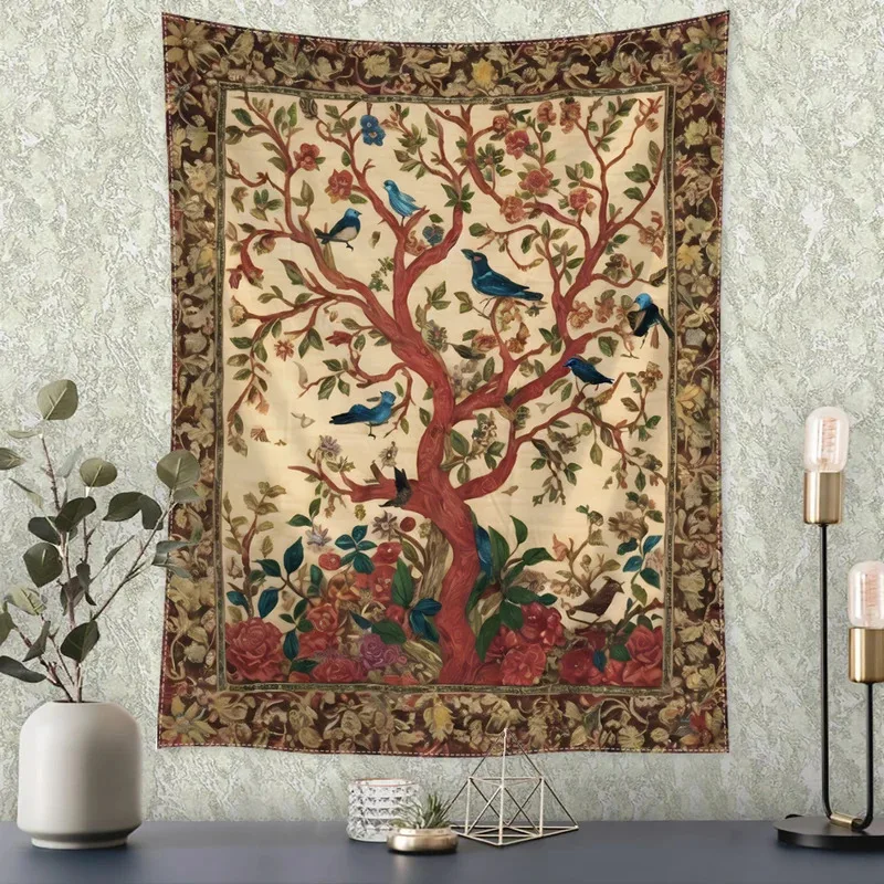 VIKAMA Retro-Wandteppich mit Blumen und Vögeln, Baum des Lebens, europäische klassische Blumen, böhmischer Ethno-Stil, Wohnzimmer-Dekoration