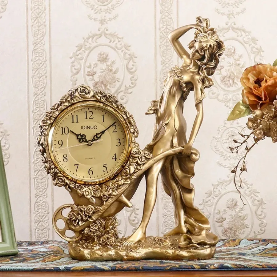European Antique Crafts Clocks Resin Retro Watches Table Clock Goddess Figurine Quartz Mute Desk Clocks Home Decor