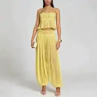 Boho Lace Trim Pink Chiffon 2-Piece Outfit Spaghetti Strap Flowy Cami Top & Elastic Waist Wide Leg Pants Summer Beach Set - view 4