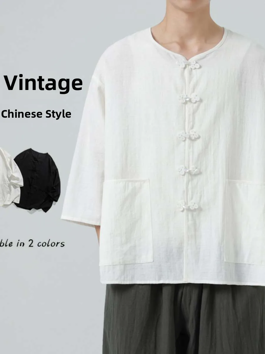 

Loose plus Size Retro round Neck Hanfu Tang Suit New Chinese Style Half Sleeve Shirt Casual Summer Men's Ethnic Clothing
