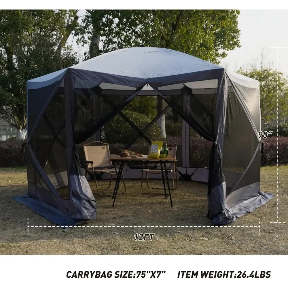 Pop Up Instant 12'x12' 6 Sided Gazebo Screen House for Camping 8-10 Person, for Backyard, Camping, Outdoor