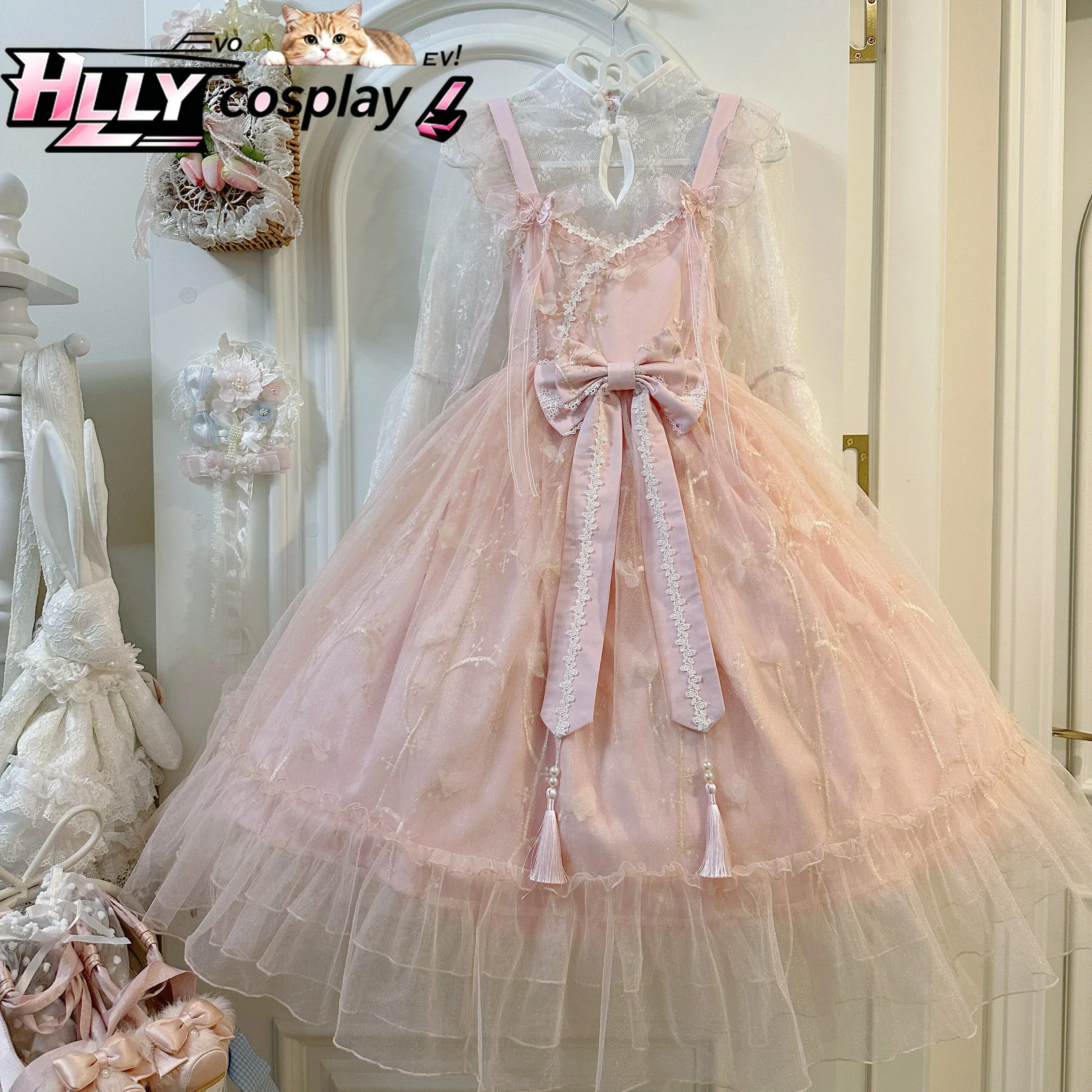 New Original Chinese Style Sweet Lolita JSK Dress Women Girls Pink Blue Layered Lace Ruffle Bow Waist Camisole Spring Autumn