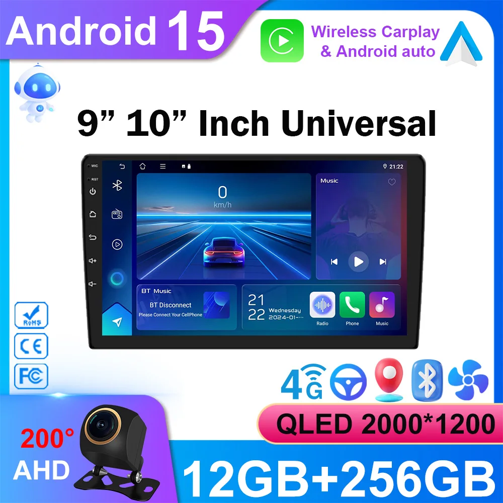

2 Din Android 15 Автомобильный радиоприемник Carplay Android Auto 9 10-дюймовый универсальный мультимедийный плеер GPS Navi Авторадио Wi-Fi 8-ядерный стерео RDS
