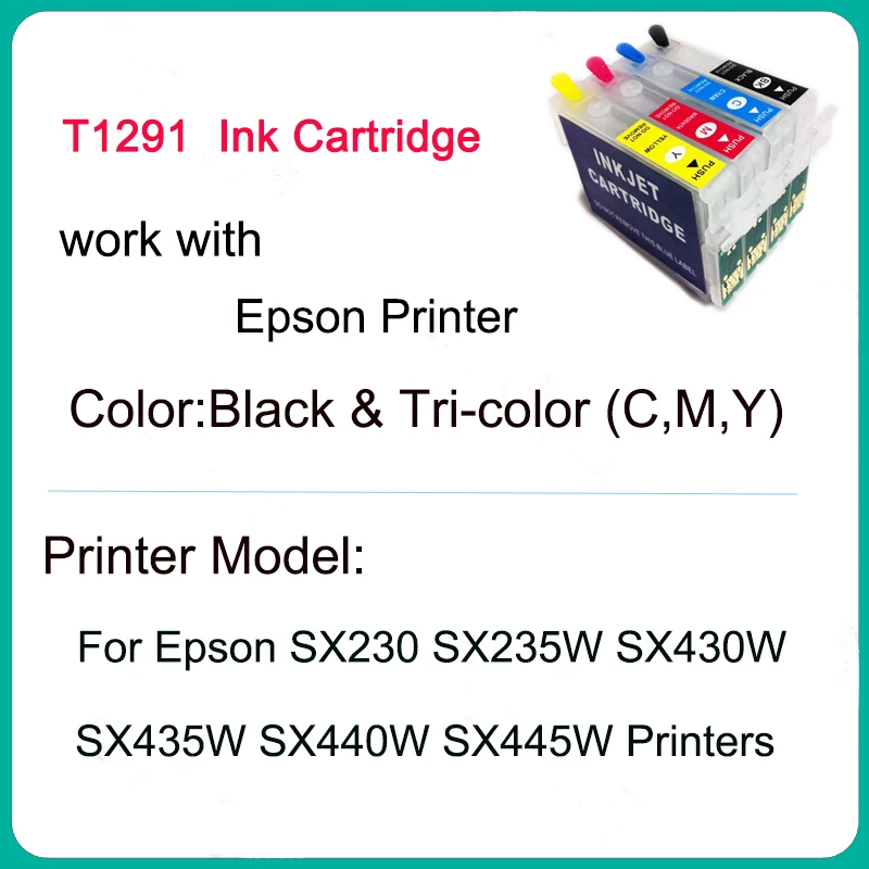 Vilaxh With Chip T1291 T1292 T1293 T1294 Refillable Ink Cartridge For Epson SX230 SX235W SX430W SX435W SX440W SX445W Printers