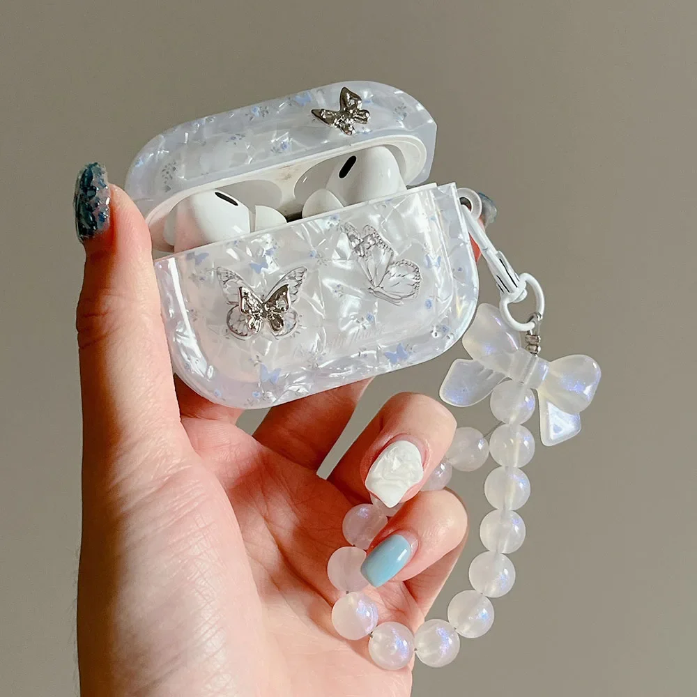 

Luxury Shell Texture Metal Butterfly Girls Case For Airpods 4 Pro 2nd 1 2 Earphone Box Cover For Apple AirPod 3 Bag with Pendant