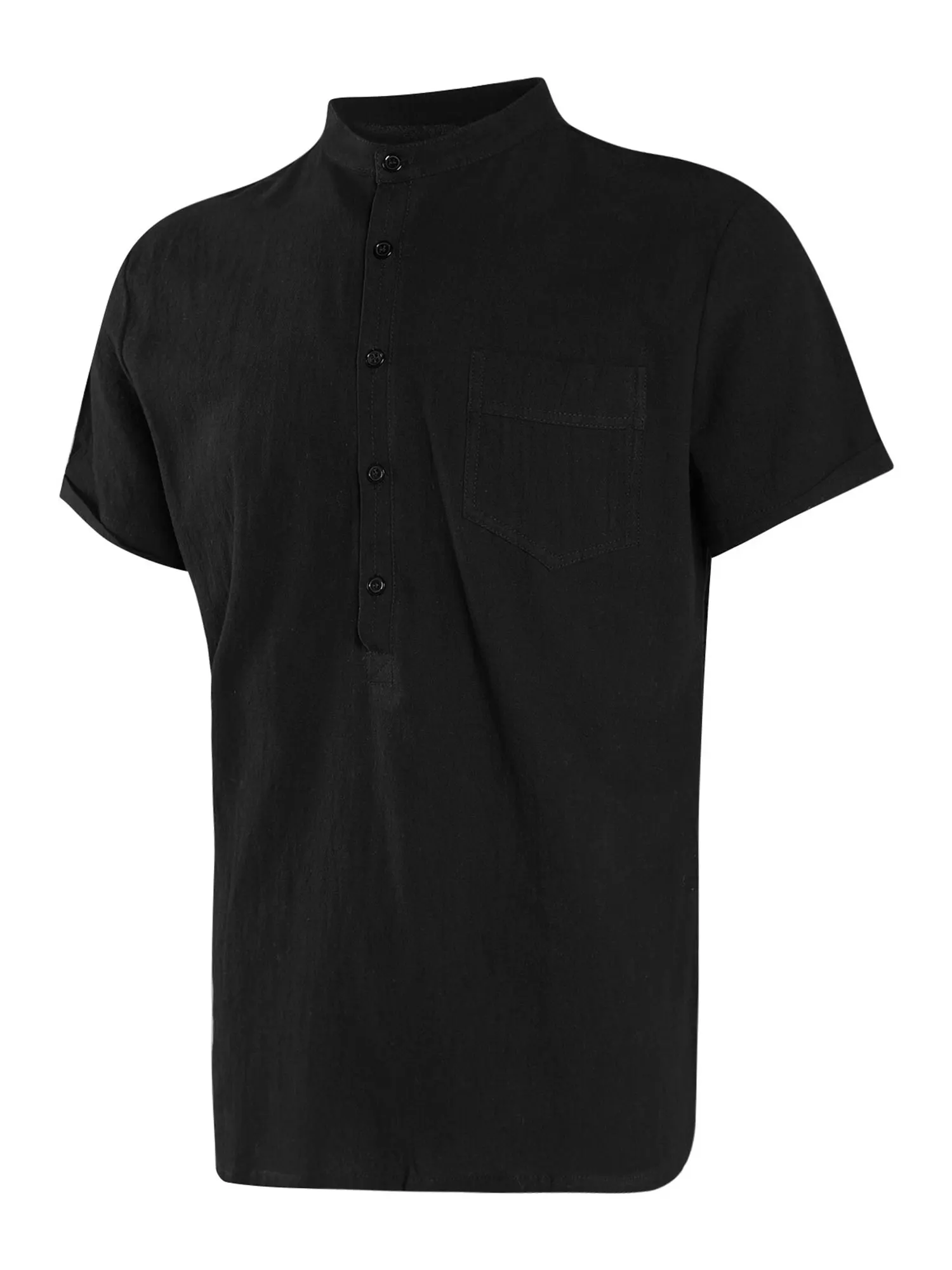 Camisa masculina de cor sólida com gola Henley com bolso e detalhe de botão pulôver elegante para guarda-roupa de verão e outono disponível em