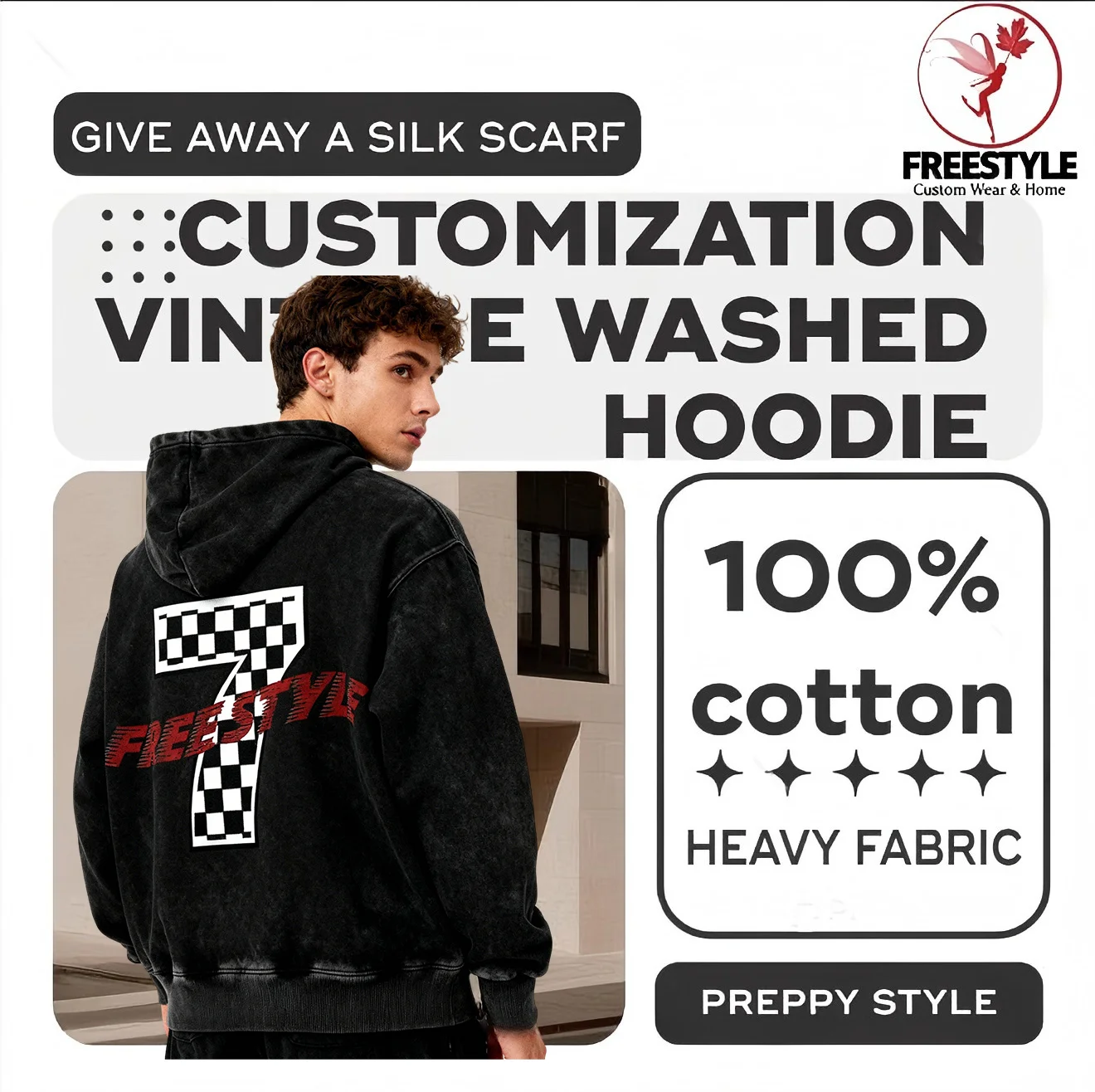 カスタムヴィンテージウォッシュドフーディー | 大学風のパターン | 無料のスカーフ | ユニセックス | 純綿 | レタープリント | 日常着