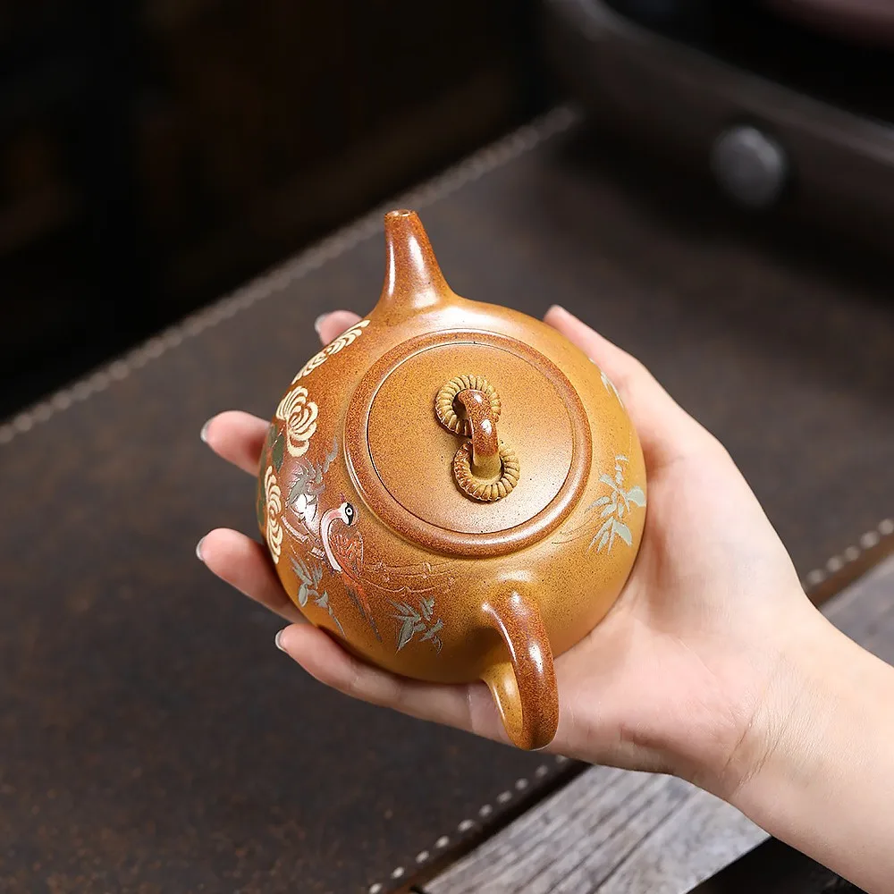 Yixing Purple Clay Pot Famous Ore Beige High Temperature Burning Painting Flowers and Birds Double Ring Kung Fu Teapot