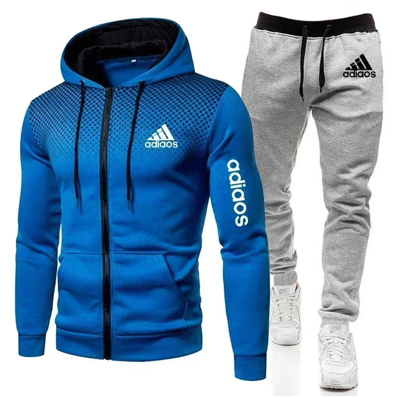 New High quality autumn and winter fleece warm men\'s sportswear hoodie sweatpants two-piece suit fashion trendy print sportswear