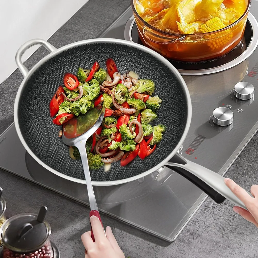 

Stainless Steel Wok Honeycomb Cooking Wok with Spatula Nonstick Wok with Lid Skillet Handle Flat Bottom Stir-Fry Pan