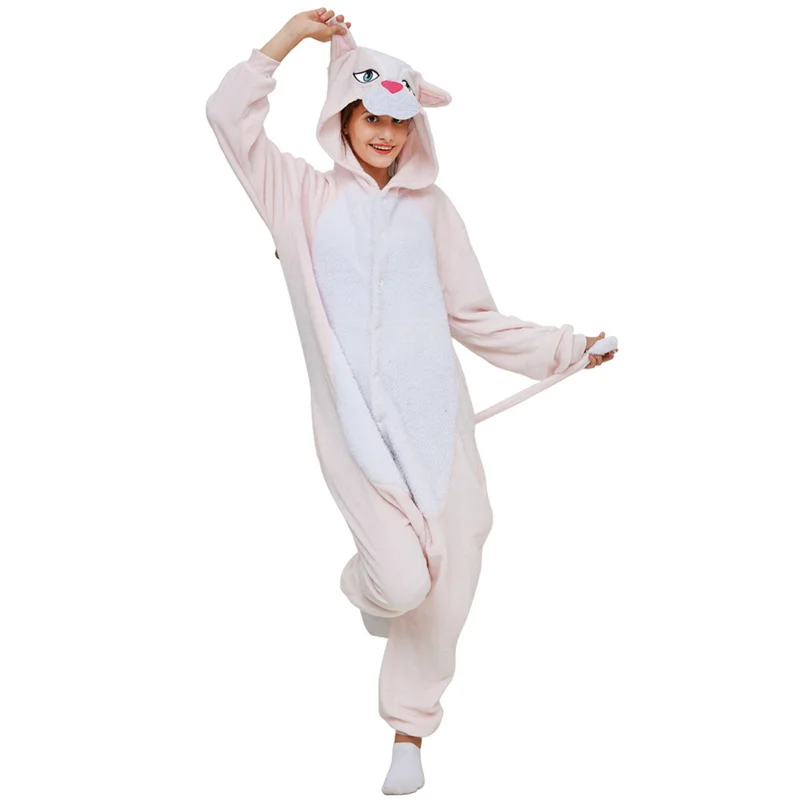 Autumn and Winter Flannel Sleepwear Cartoon Pink cat Pajamas Kigurumi Onesie Cosplay Animal Jumpsuit Unisex One-piece Pajamas