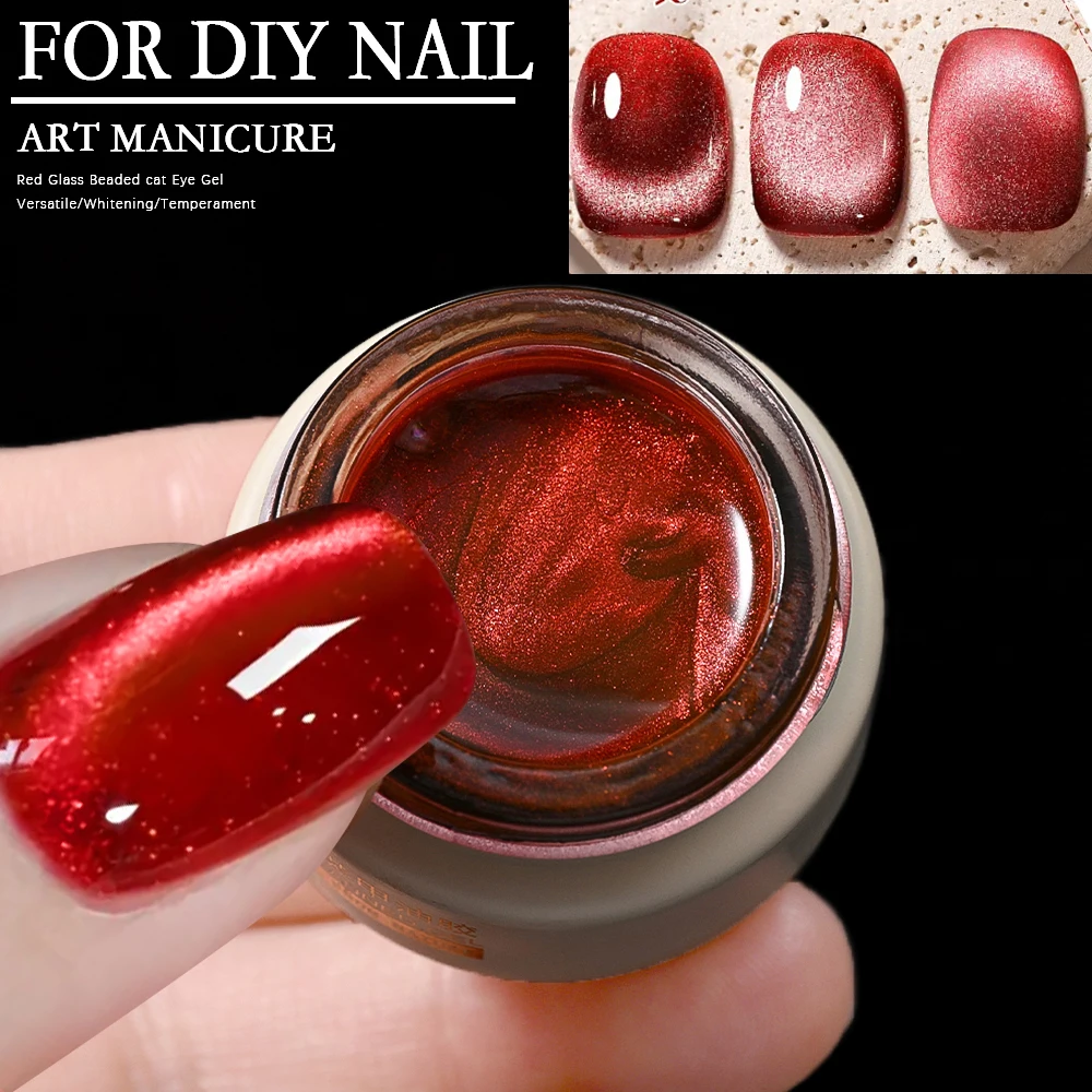 8ML 1병 레드 루비 크리스탈 비즈 캣아이 젤 네일 폴리쉬 크리스마스 레드 롱래스팅 글리터 캣아이 젤 세미 퍼머넌트 네일 폴리쉬