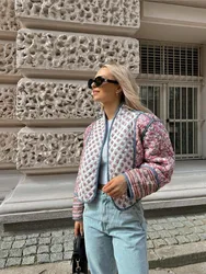 Women Printed Flower Quilted Reversible Cotton Coat Long Sleeve Open Front Two In One Jackets Autumn Vintage Street Outerwear