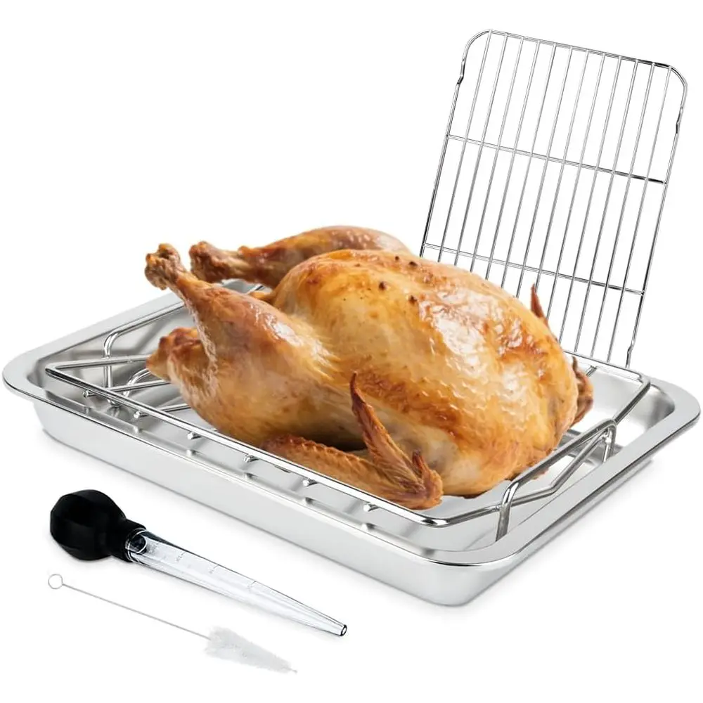 

StainlSteel Turkey Bg Roaster Pan Roasting Pan with V Rack, or Smoking and Grilling Chicken, Bird, and Pork Cooking Rack with 15