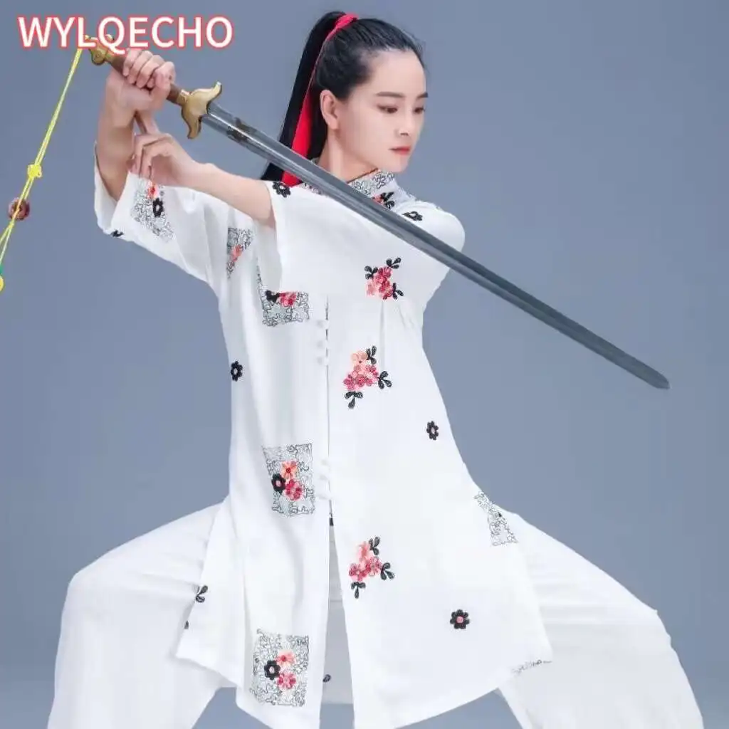 

2024 Chinese Vintage Tai Chi Clothes Wushu Clothing Kung Fu Martial Art Uniform National Flower Print Morning Exercising Clothes