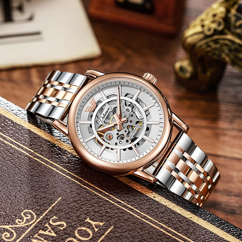 Stainless alloy Mechanical Series Full Skeleton Big Flywheel Luminous Waterproof Self-Wind Automatic Exquisite watch for Men