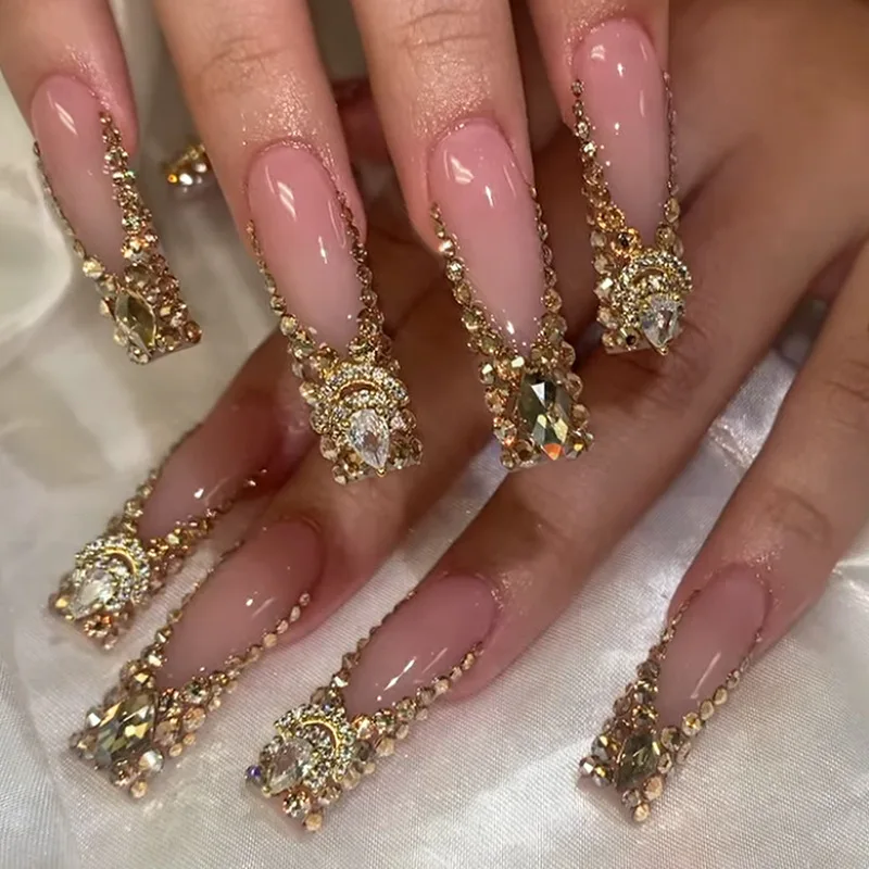 24 pieces of super long water pipe French bow sweet pearl love fake nails burst hollow stars nail patch