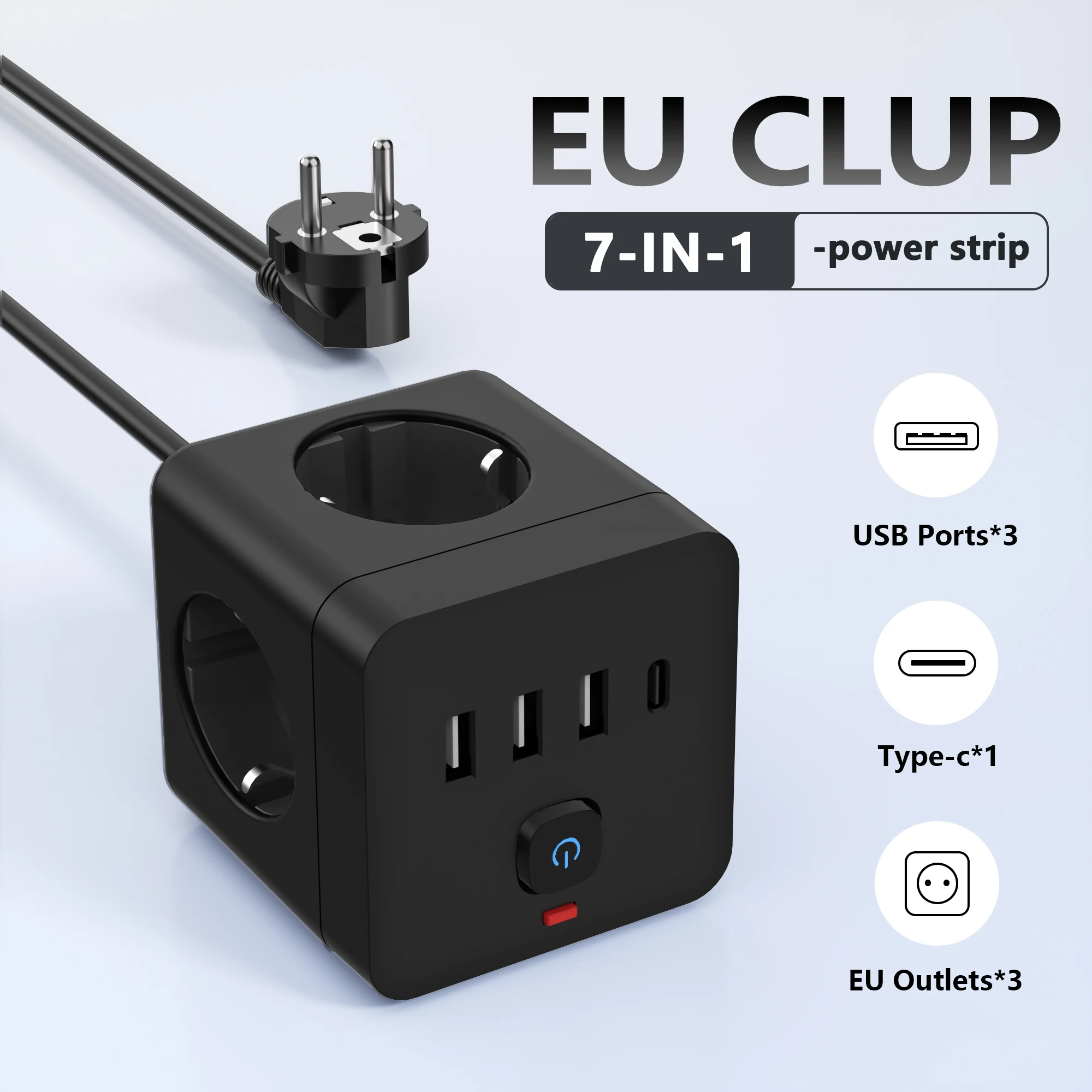 7-in-1pc Power Strip, Power Strip Surge Protector, 3 EU Outlets 3 USB 1 Type-C 1 Power Button, Flat Plug, Desktop Charging Stati