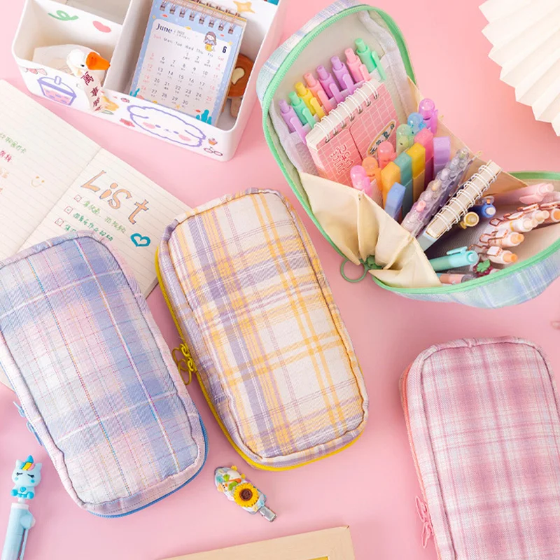 Large Capacity Canvas Pencil Case Multi-compartment Simple Checkerboard Lattice Pencil Bags for Student Storage Stationery Bags