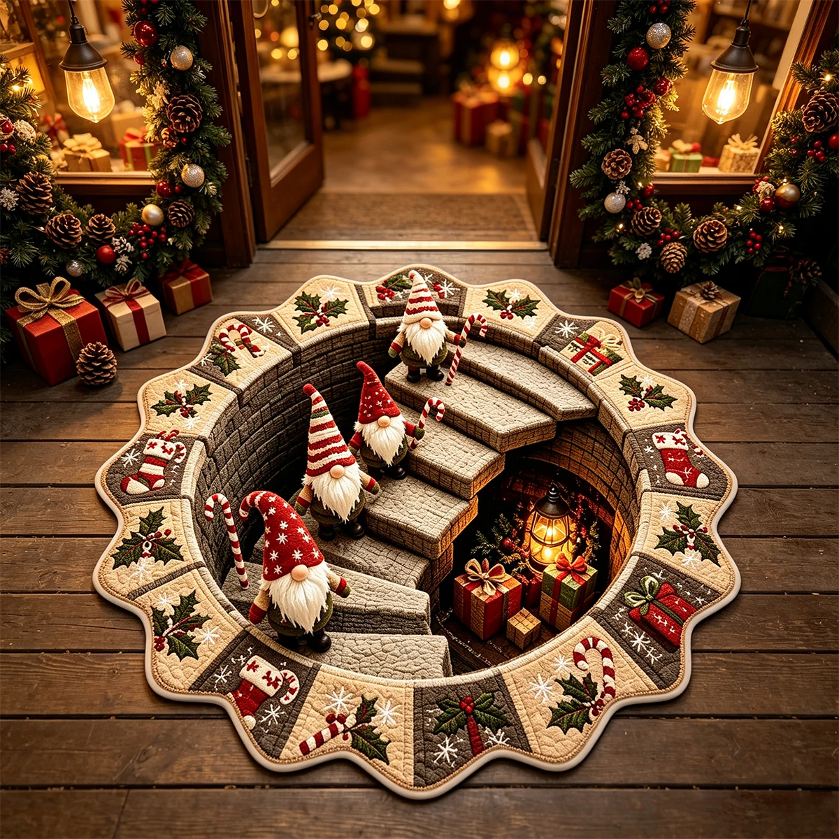 Christmas Gnome Optical Illusion Round Carpet Xmas Dwarf Stair Tunnel Visual Floor Mat Christmas Decoration Rug Christmas Gift
