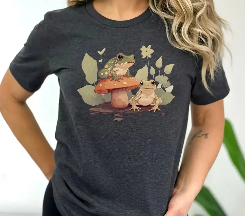 Camiseta de rana para mujer, Camisa de algodón con forma seta, amante de la naturaleza, Botanical, Goblincore