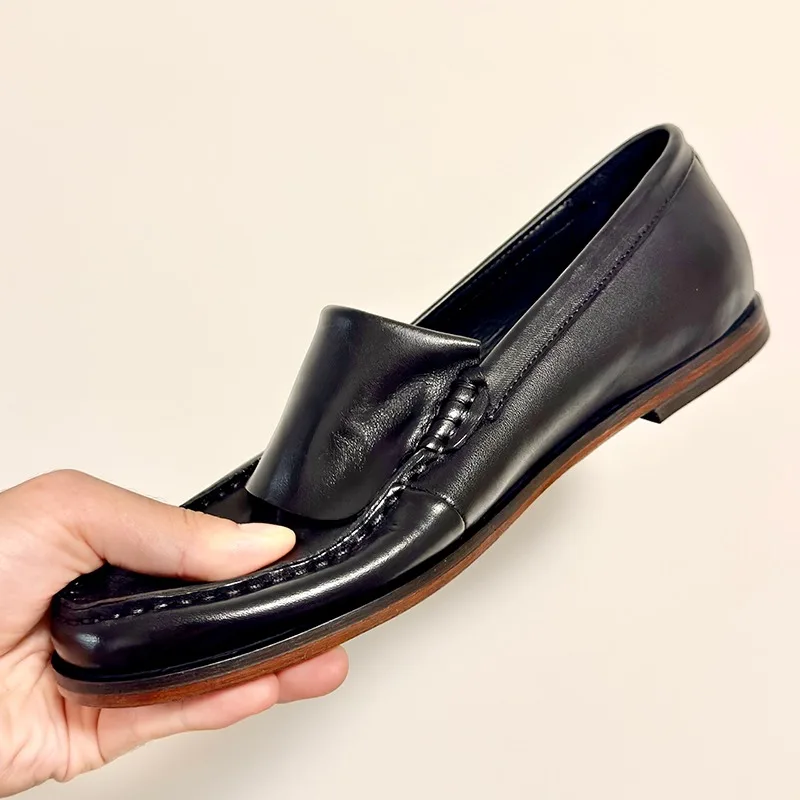 

Luxury Genuine Leather Black Dress Leather Shoes Male Washed Cowhide Casual Loafers Men Slip on Breathable Round Toe