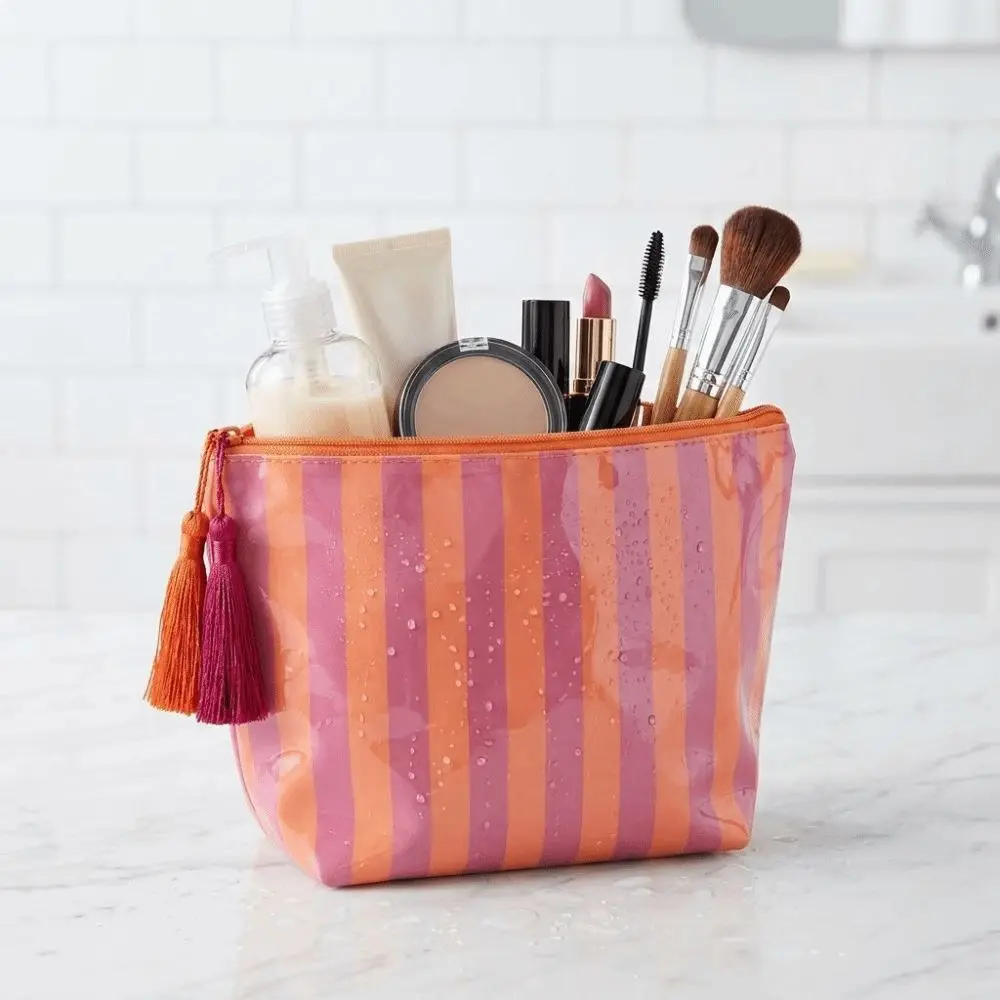 Portable Fringed Travel Toiletry Bag Cute Design Zipper Closure PVC Striped Cosmetic Bag Large Capacity Glossy Makeup Brush Bag
