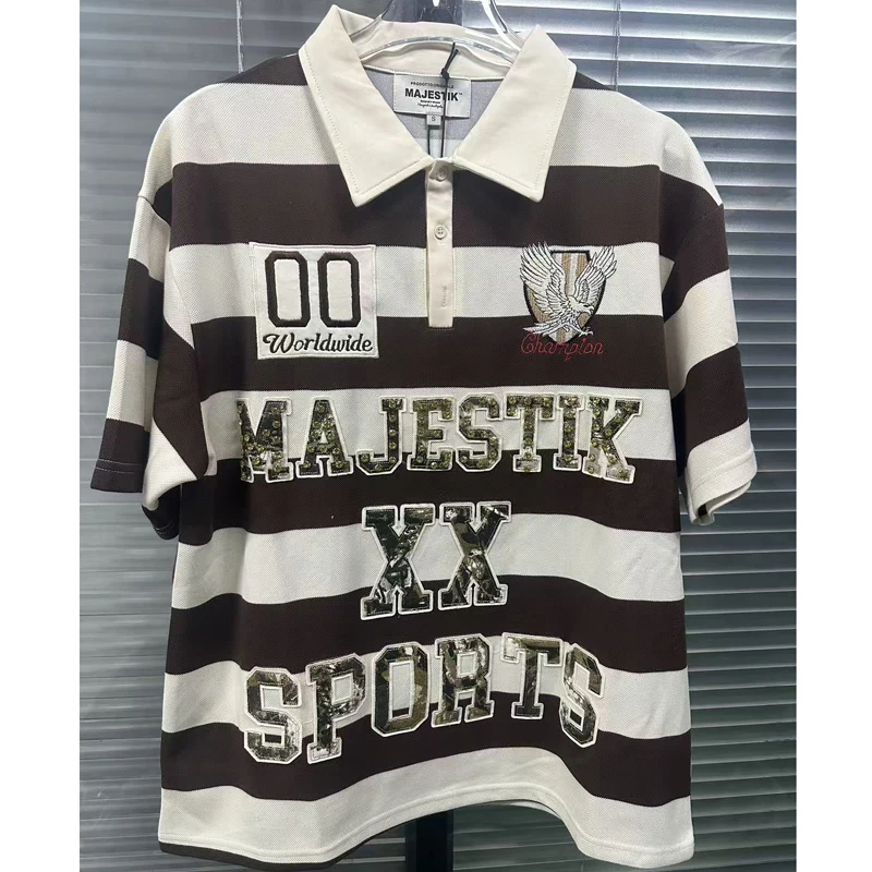 Street Fashion Collage Craft Polo Short Sleeve T-Shirts Stripe Rhinestone Letter Eagle Embroidery Oversized Majestik Tops