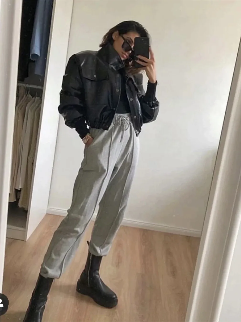 2021 Y2K COOL Women Plaid Embossing PU Leather Jacket With Quilted Lining Long Sleeve Cropped Coat Loose Short Outwear Black