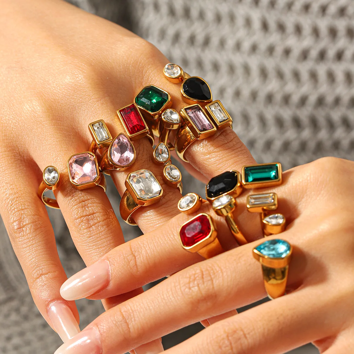 Vintage Colorful Crystal Ring Set For Women Gold Plated Multicolor Gemstone Geometric Ring Retro Cocktail Stackable Finger Jewel