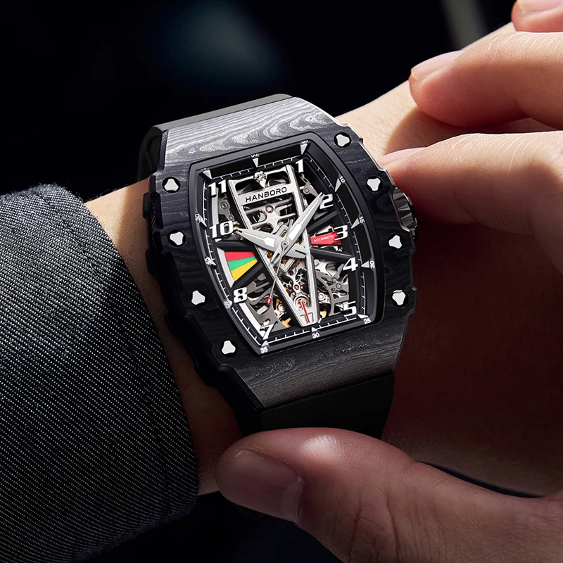 HANBORO Men's Wine Barrel Type Carbon Fiber Fully Automatic Mechanical Watch Night Light Waterproof Watch