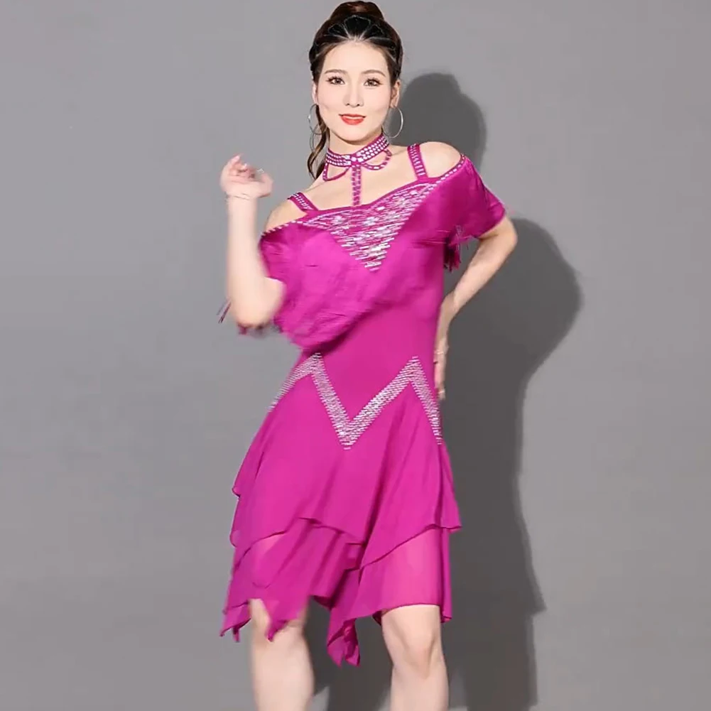 

Юбка для выступлений, платье для танцев, женское платье цвета фуксии, новое платье для латинских танцев, синее платье с короткими рукавами и павлином, соревнования по горячей дрелью