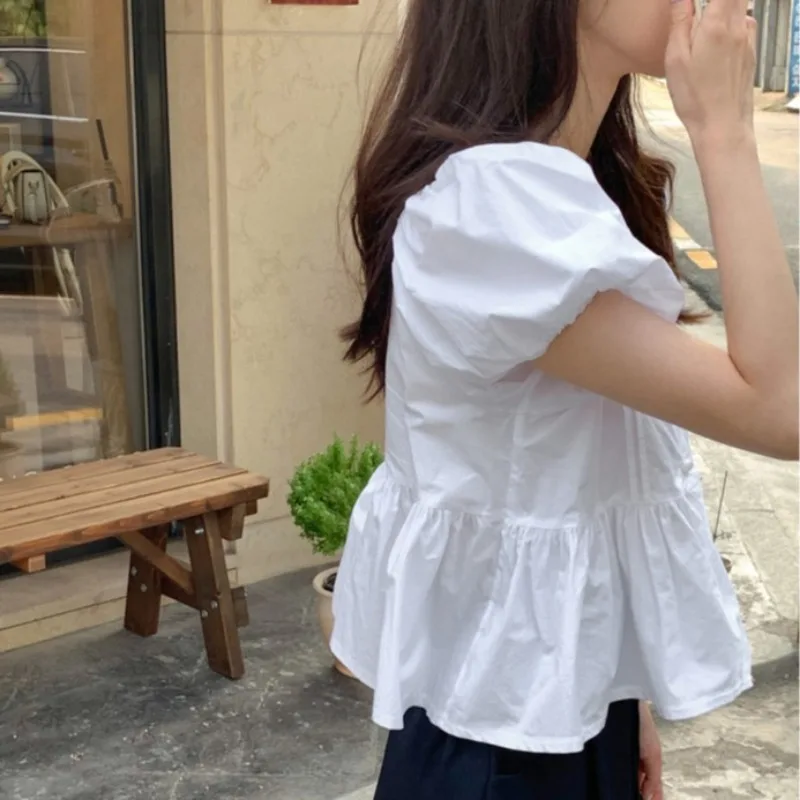 Square Collar Shirts & Blouses Puff Short Sleeve Blusas Single Breasted Camisas Korean Ins Ropa Mujer Summer 2024 New Tops