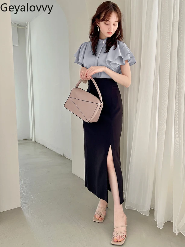 اليابانية 2025 صيف جديد الحلو بلون قميص الوقوف طوق قصيرة الأكمام بلوزة كشكش حافة زر اللؤلؤ قمة باردة