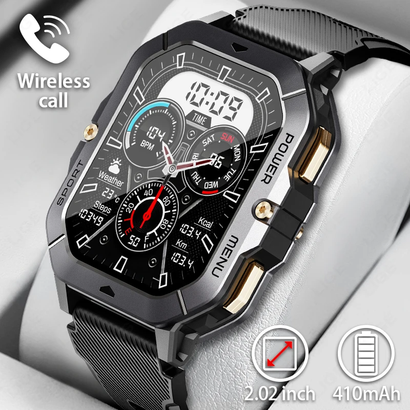 

LIGE новые военные умные часы с HD-экраном 2,02 дюйма для мужчин, 410 мАч, аккумулятор большой емкости, 1 атм, водонепроницаемые спортивные умные часы с монитором здоровья