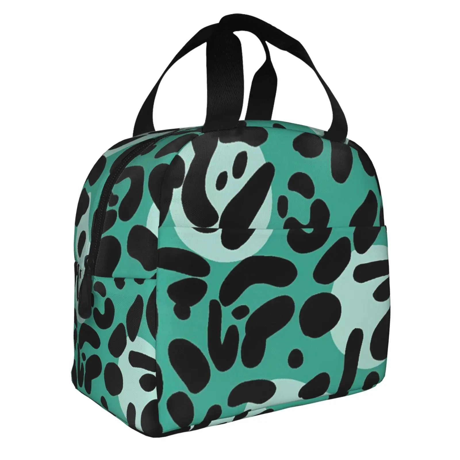 Black and Green Leopard Print Pattern Lunch Tote Bag Insulated Leakproof Lunch Box Container with Front Pocket for Girls Boys
