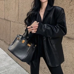 Faux Pu Leather Jacket Women Coats Blazer Turn Down Collar Jackets Coat Open Stitch Maxi Casual Elegant Y2k Punk Streetwear