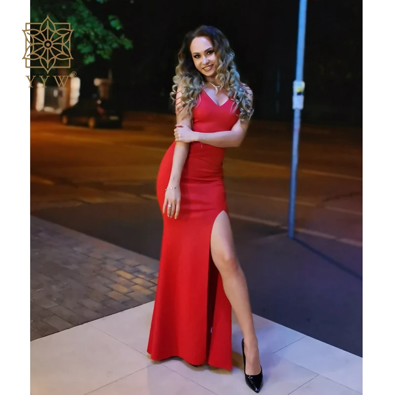 Crystal Beading V Neck Sleeveless Elegant Evening Dresses Women High Slit Formal Gowns Female Solid Green Red Sexy Club Vestidos