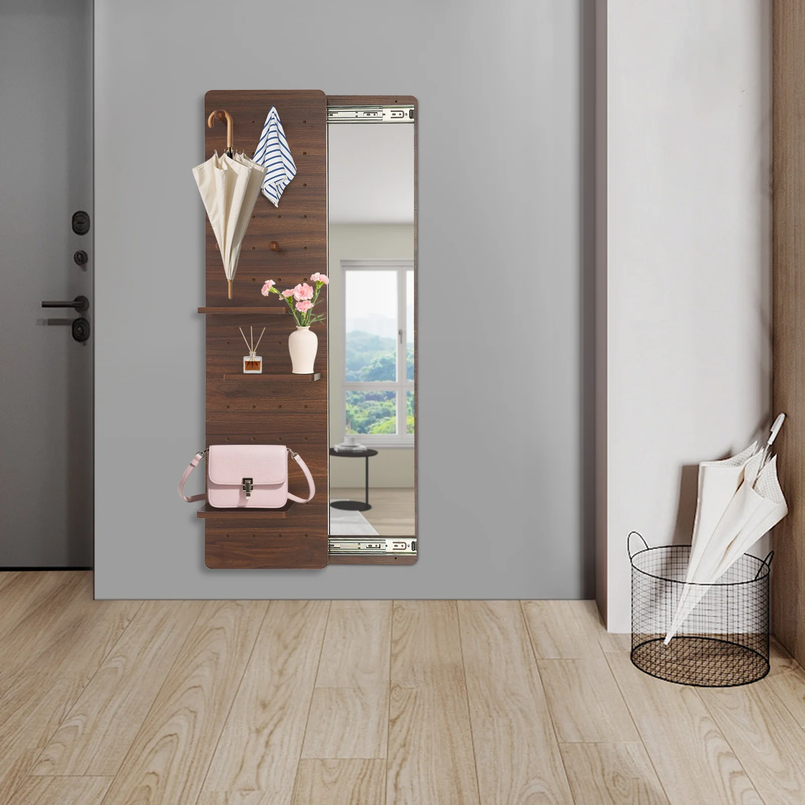 

Hide Wall Mounted Mirror, Mirror with Shelves and Hooks, Full-length Mirror for Bedroom, Entryway, Dressing Room