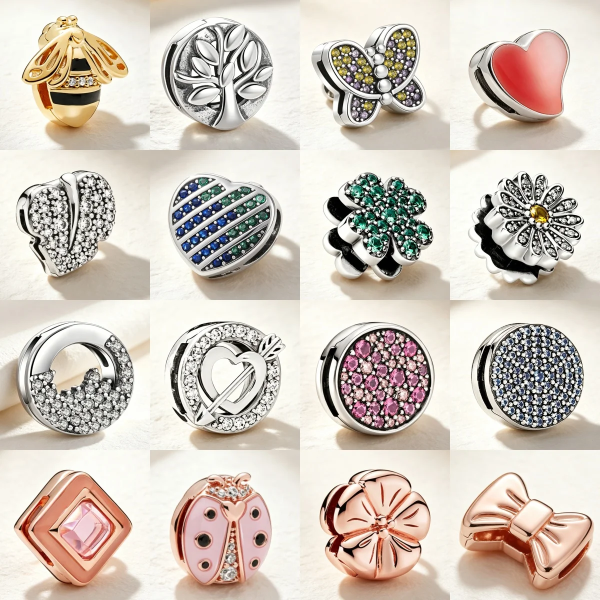 Hot Selling 925 Silver Ladybug Flower Butterfly Love Bead Fixing Clip Compatible with Original Flat Bracelet DIY Fashion Jewelry
