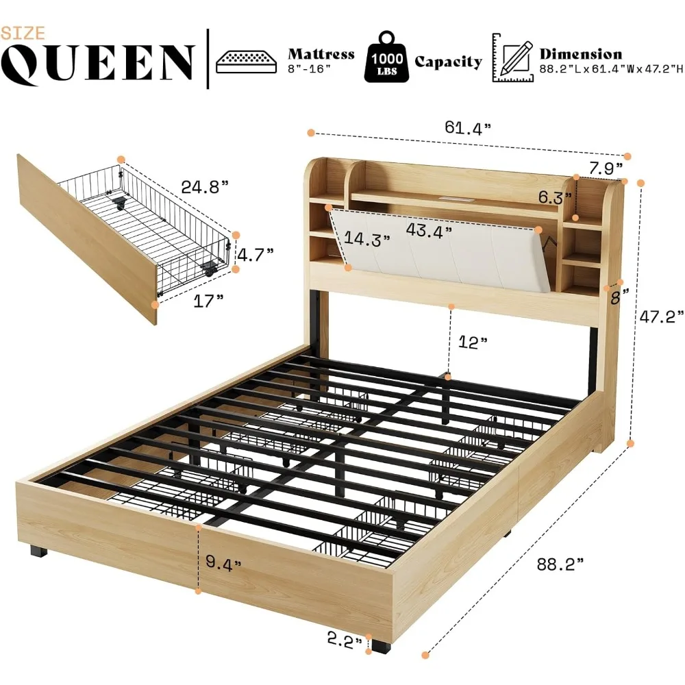 Queen Size Bed Frame with 4 Storage Drawers, Upholstered Bed Frame with Headboard, Wooden Platform Bed with Charging Station