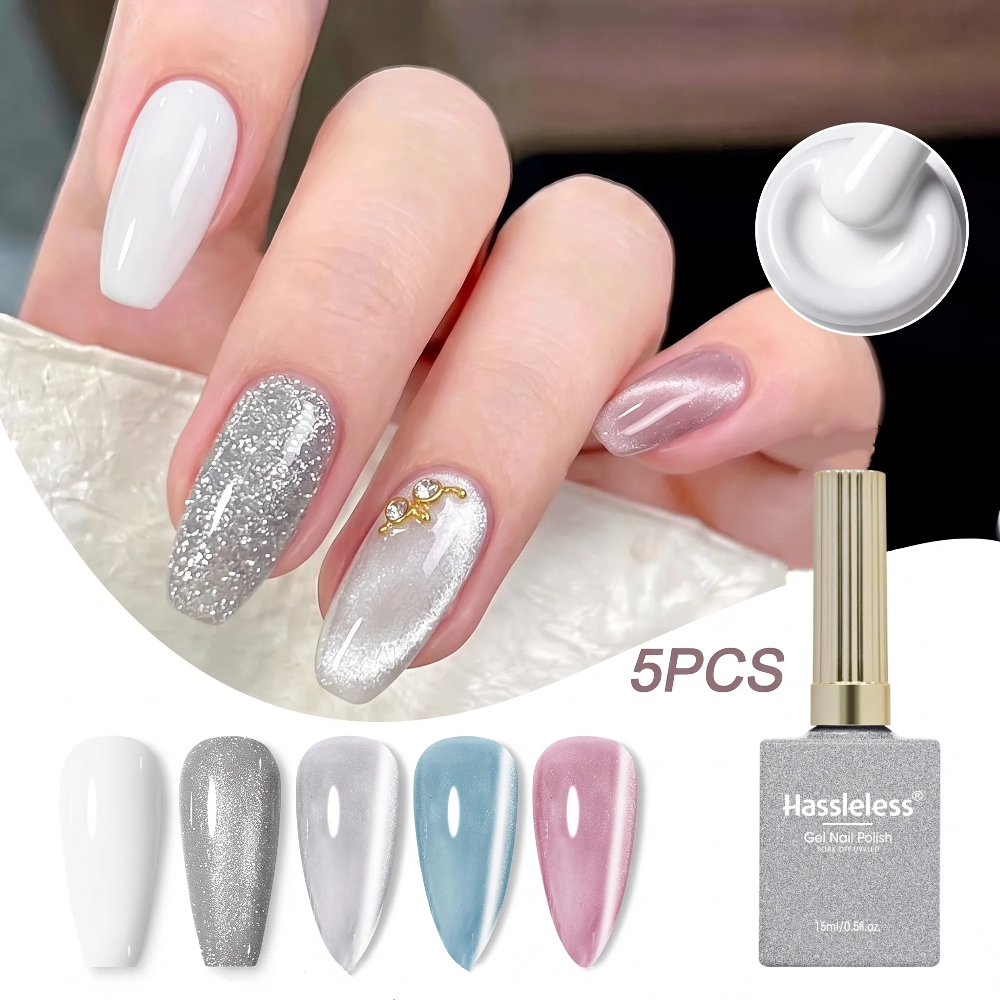 Hassleless 5Pcs Gentle Light-Toned Nail Polish Set, 5 Bottles in Total, Including Pure White, Fine Silver Glitter, Translucent White, Ice Blue, and Nude Pink in Five Colors, with Clean and Soft Tones, Allowing for Free Color Mixing and Combining, Making the Nails Look Fresh and Clean When Applied, Creating a Simple and Attractive Everyday Nail Design.