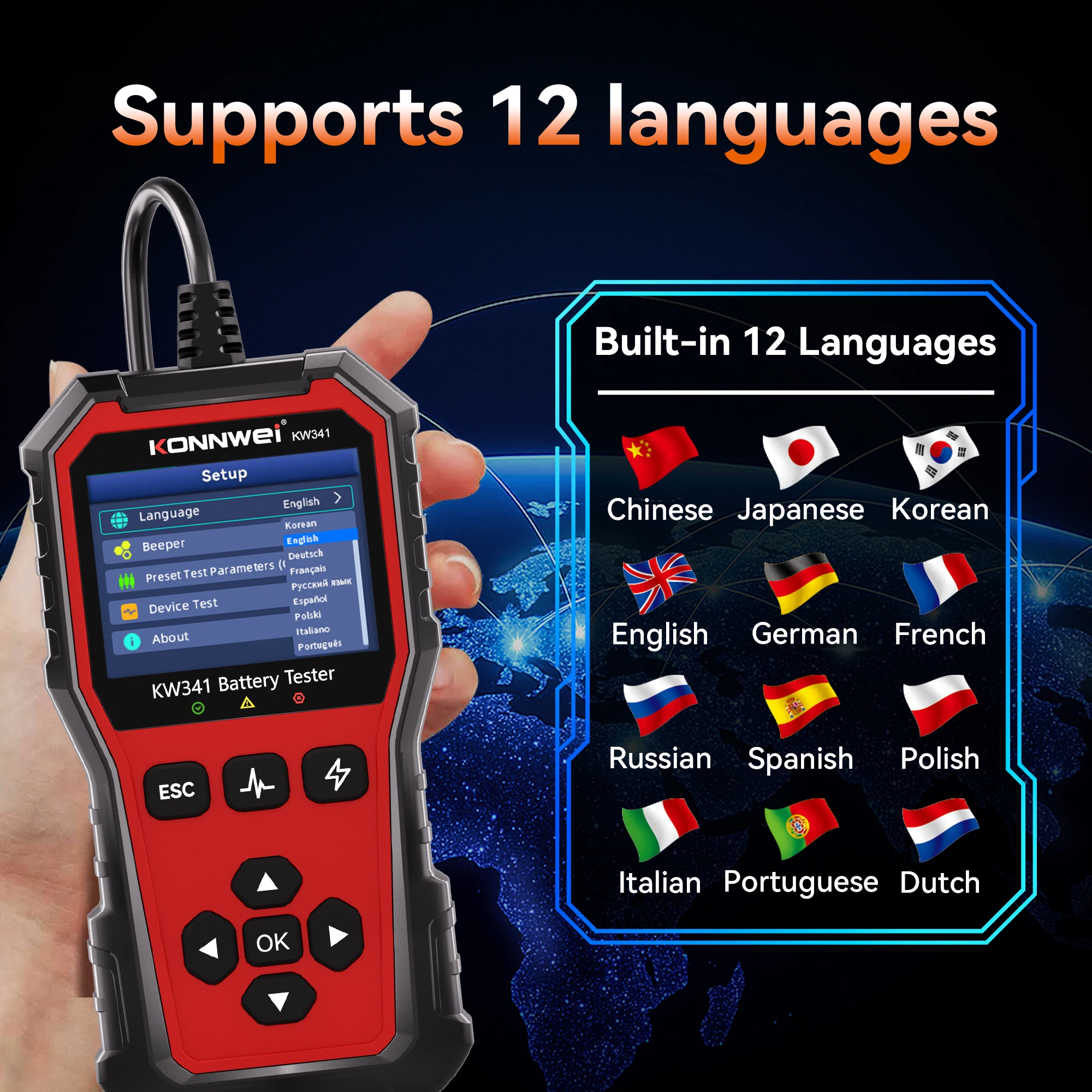 New KONNWEI KW341 Car Moto Battery Tester 6V 12V 24V Fault Data Printing Start Test Car Battery Charging Professional Scan Tool