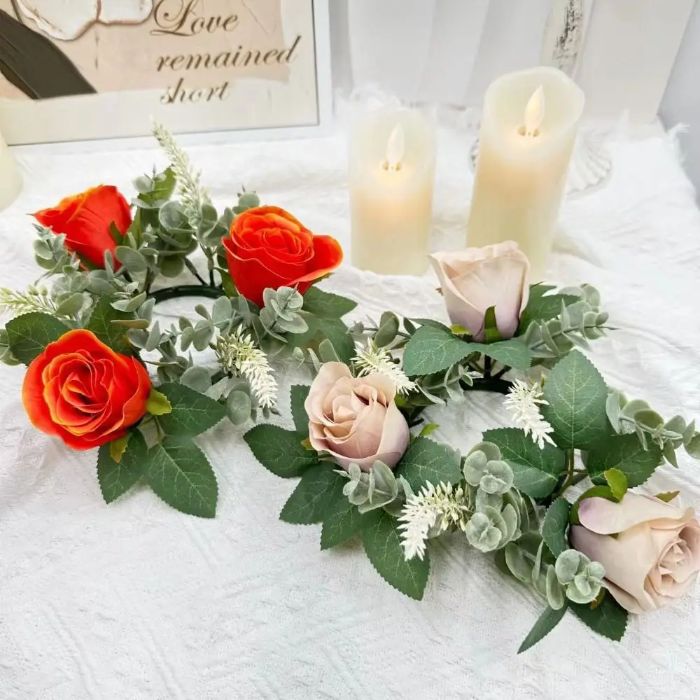 Desktop Decoration Artificial Flower Rose Candlestick Exquisite Romantic Wreath Ring Simulated Fake Candle Holder Gift