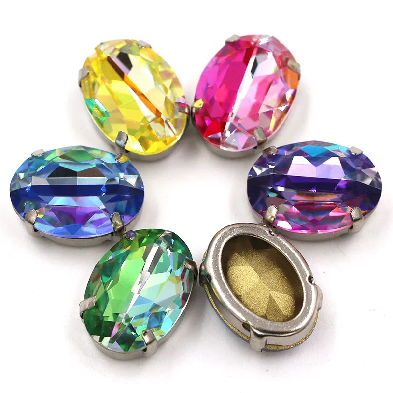 

High Quality Glass Crystal Stones Oval Shape Sewing Sliver Claw Setting Laser Rhinestones For Shoes/Bags/Clothing Accessories