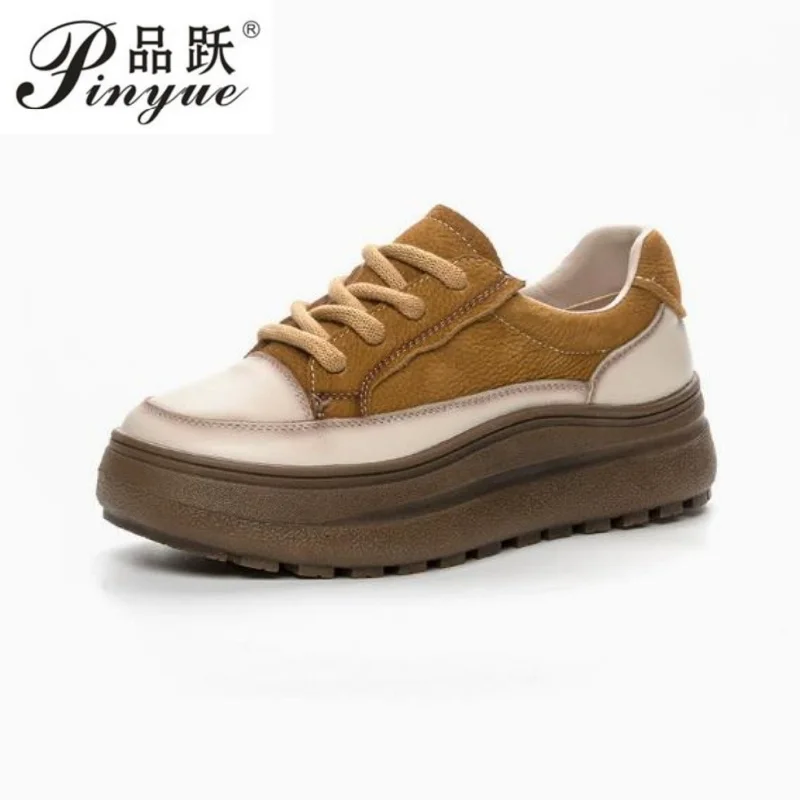 

Модные повседневные кроссовки из натуральной кожи 4 см, разноцветные, на толстой подошве, в ретро-стиле, на шнуровке, удобные, размеры 35-40