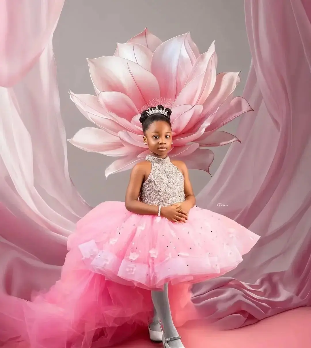 Elegant Customized Flower Girl Dress For Wedding Sleeveless Trailing Tulle Puffy Beading Kids Birthday First Communion Gown