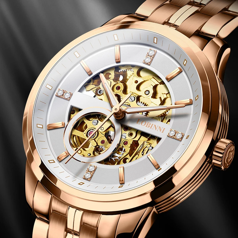 

LOBINNI новые роскошные мужские автоматические механические часы из нержавеющей стали со скелетонизированным циферблатом, сапфировое стекло, водонепроницаемые повседневные часы