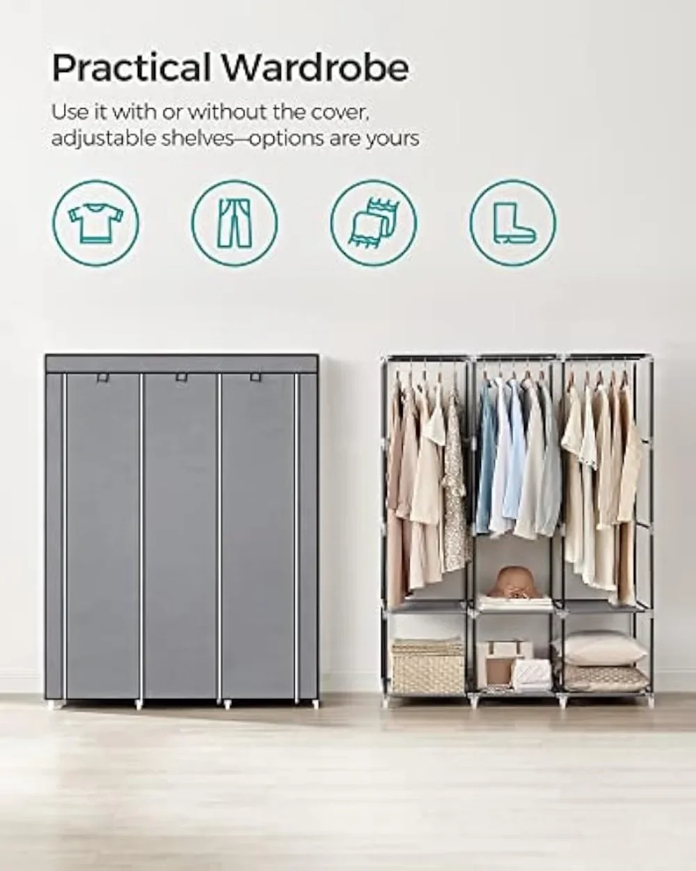 Portable Closet, Wardrobe Closet Organizer with Cover, 3 Hanging Rods and Shelves, 4 Side Pockets, 51.2 x 17.7 x 65.7 Inches